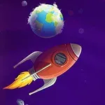 Cohete rojo en el espacio cerca de un planeta azul con continentes verdes y un satélite pequeño