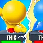 Dos figuras simples, una amarilla y otra azul, están presionando botones rojos con las palabras This y That debajo, separadas por una línea diagonal