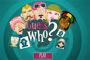 Varias ilustraciones de personajes con estilos únicos rodean el título Guess Who?