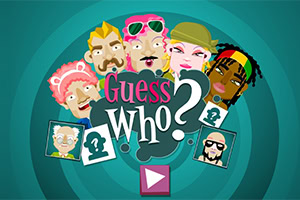 Dibujos de seis caras caricaturescas y coloridas rodean un texto central que dice Guess Who?