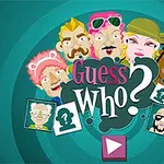 Dibujos de seis caras caricaturescas y coloridas rodean un texto central que dice Guess Who?
