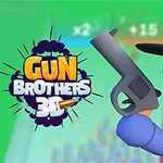 Figura azul con sombrero negro sostiene una pistola junto al texto Gun Brothers 3D sobre fondo verde
