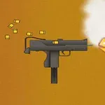 Pistola disparando balas con destellos de fuego y humo
