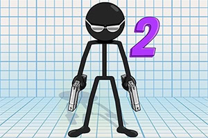 Figura de palito con gafas de sol sosteniendo dos pistolas, con un número dos morado en el fondo cuadriculado