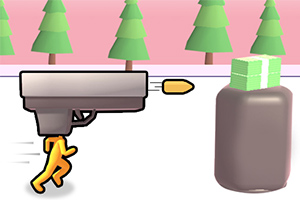Una figura amarilla corriendo en el cañón de una pistola disparando hacia un frasco con dinero encima, con un fondo de árboles verdes y cielo rosado