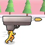 Una figura amarilla corriendo en el cañón de una pistola disparando hacia un frasco con dinero encima, con un fondo de árboles verdes y cielo rosado