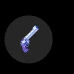Revólver futurista en tonos morados y azules sobre un fondo oscuro circular