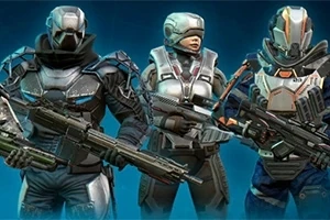 Tres personajes futuristas con armaduras y cascos sosteniendo armas en un entorno de ciencia ficción