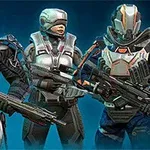 Tres personajes futuristas con armaduras y cascos sosteniendo armas en un entorno de ciencia ficción