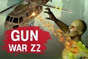 Helicóptero disparando a un zombi en un entorno urbano, con el texto GUN WAR Z2