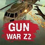 Helicóptero disparando a un zombi en un entorno urbano, con el texto GUN WAR Z2
