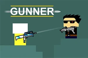 Dos personajes en un entorno pixelado apuntándose con armas de fuego con la palabra GUNNER en la parte superior