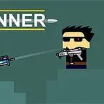 Dos personajes en un entorno pixelado apuntándose con armas de fuego con la palabra GUNNER en la parte superior