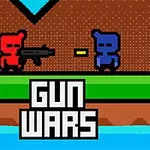 Dos personajes pixelados, uno rojo y otro azul, enfrentándose con armas en un paisaje minimalista con el texto GUN WARS al frente