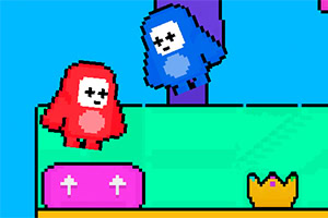 Personajes pixelados en rojo y azul sobre plataformas de colores con una corona dorada en el suelo
