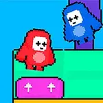 Personajes pixelados en rojo y azul sobre plataformas de colores con una corona dorada en el suelo