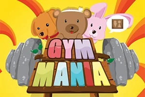 Tres animales caricaturizados, un perro, un oso y un conejo, junto a pesas con el texto GYM MANIA en colores brillantes sobre un fondo amarillo