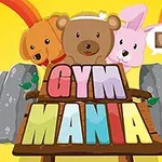 Tres animales caricaturizados, un perro, un oso y un conejo, junto a pesas con el texto GYM MANIA en colores brillantes sobre un fondo amarillo