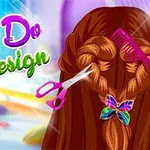 Trenza de cabello castaño con un broche de mariposa, tijeras y un peine en un entorno colorido