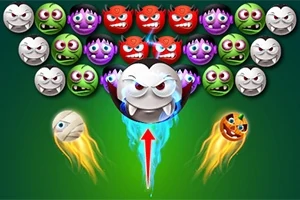 Caras de monstruos de colores con expresiones variadas, destacando una figura central con colmillos lanzando esferas luminosas