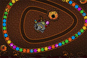Una espiral de bolas de colores brillantes con un personaje en el centro y un sol sonriente al fondo sobre un fondo marrón agrietado