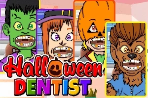 Monstruos caricaturescos con frenos dentales sonríen frente a un título de Halloween Dentist en un diseño colorido