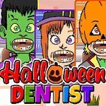 Monstruos caricaturescos con frenos dentales sonríen frente a un título de Halloween Dentist en un diseño colorido
