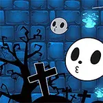 Fantasmas blancos flotando en un cementerio oscuro con lápidas, un árbol sombrío, una telaraña y un fondo azul