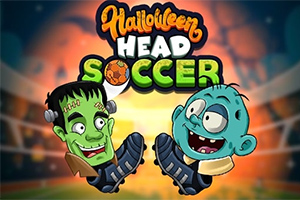 Ilustración de dos caricaturas de criaturas de Halloween con cabezas y zapatos de fútbol, con un fondo de estadio iluminado y un texto colorido que dice Halloween Head Soccer