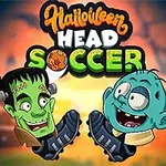 Ilustración de dos caricaturas de criaturas de Halloween con cabezas y zapatos de fútbol, con un fondo de estadio iluminado y un texto colorido que dice Halloween Head Soccer