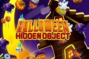 Texto colorido Halloween Hidden Object rodeado de calabazas, fantasmas y un escenario nocturno con luna llena