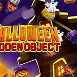 Texto colorido Halloween Hidden Object rodeado de calabazas, fantasmas y un escenario nocturno con luna llena
