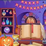 Escena mágica de Halloween con calabaza, libro abierto, frascos de pociones y decoraciones coloridas