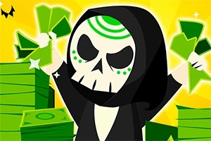 Una calavera caricaturesca con capucha negra sostiene fajos de billetes verdes frente a un fondo amarillo brillante con pilas de dinero