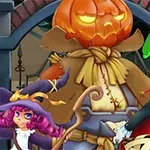 Un espantapájaros con cabeza de calabaza luminosa junto a una chica disfrazada de bruja y un niño disfrazado de vampiro frente a una entrada de hierro forjado
