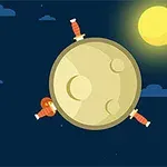 Un planeta con cuchillos incrustados y un sol brillante en el fondo sobre un cielo oscuro con algunas nubes