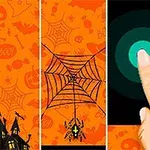 Dedo tocando pantalla en un fondo de Halloween con telaraña y araña colgante