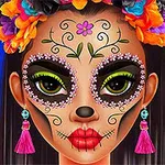 Mujer con maquillaje de Catrina, cabello largo y corona de flores coloridas, sobre un fondo azul