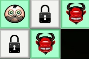 Cuadrícula con íconos de cara de muñeco, candados y cabezas rojas con cuernos