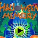 Diseño de halloween con calabazas, cruces de cementerio, una olla burbujeante y un botón de reproducción verde