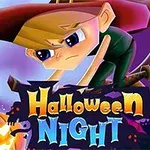 Bruja caricaturesca volando en una escoba con fondo de calabaza y castillo oscuro, texto Halloween Night