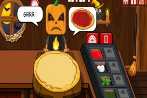 Un personaje con cabeza de calabaza enojada pide una pizza con salsa de tomate en una cocina temática de Halloween