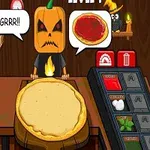 Un personaje con cabeza de calabaza enojada pide una pizza con salsa de tomate en una cocina temática de Halloween