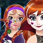 Dos personajes de estilo animado, una con expresión preocupada y manchas en la cara, y otra sonriente con maquillaje de vampiro y corazón en la mejilla