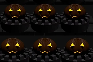 Calabazas talladas con expresión de cara de miedo y ojos iluminados, colocadas sobre una base negra con textura de bloques