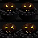 Calabazas talladas con expresión de cara de miedo y ojos iluminados, colocadas sobre una base negra con textura de bloques