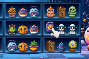 Estantería azul con objetos decorativos de temática de Halloween que incluyen calabazas, fantasmas y personajes disfrazados, con una mano animada que señala un artículo