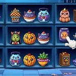 Estantería azul con objetos decorativos de temática de Halloween que incluyen calabazas, fantasmas y personajes disfrazados, con una mano animada que señala un artículo