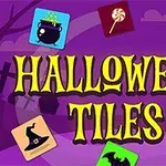 Texto Halloween Tiles con fondo morado decorado por íconos de caldero, sombrero de bruja, dulce, fantasma, murciélago y calabaza