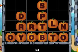Letras en calabazas dispuestas en un patrón triangular sobre una cuadrícula de fondo negro